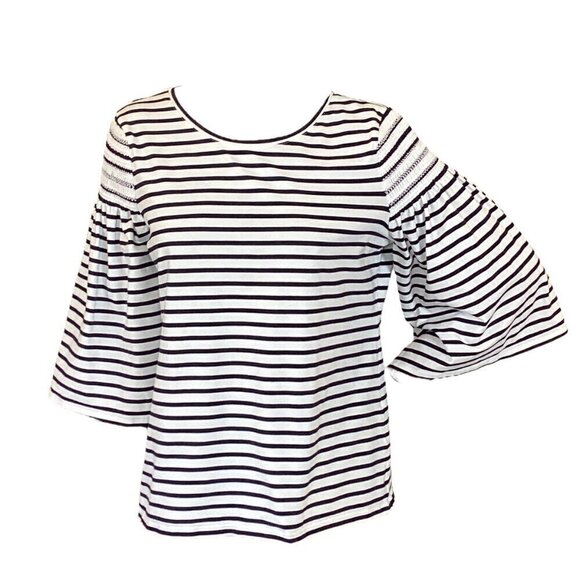 Chico's Breton Stripe Knit Top Sz 2 (L/12) Smock Shoulder Bell-Flare Sleeve 296H - Picture 2 of 12